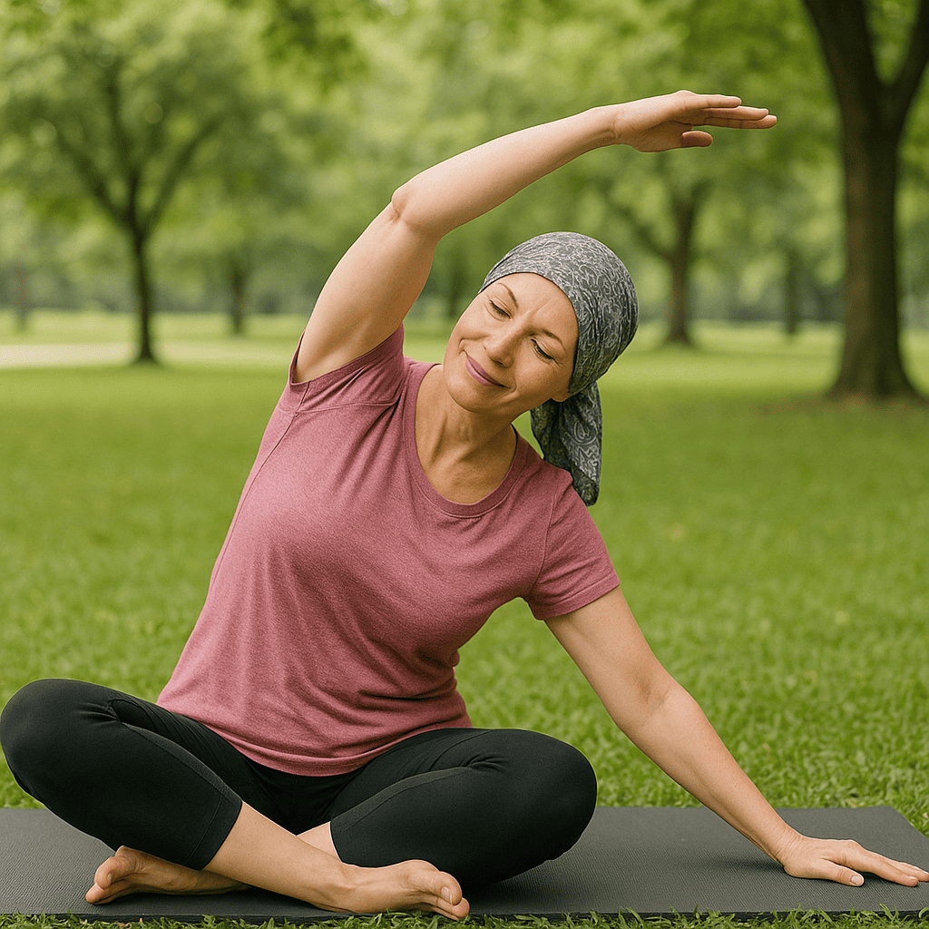 Mujer con pañuelo en la cabeza estirando en una esterilla en un parque, practicando ejercicio al aire libre durante su tratamiento contra el cáncer