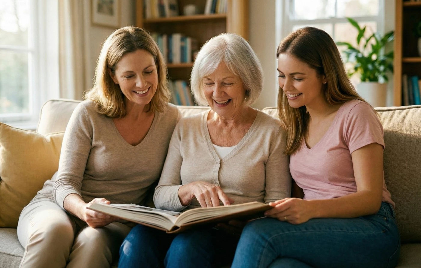 Tres mujeres de distintas generaciones sentadas en un sofá, sonriendo mientras miran juntas un álbum de fotos familiares en un salón iluminado.