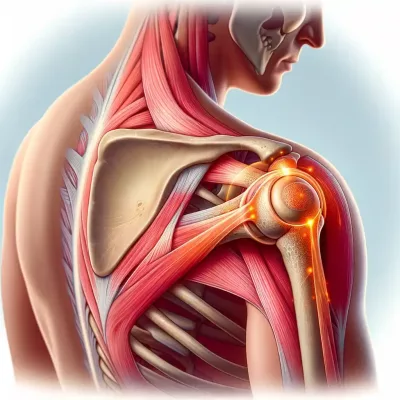 Ilustración detallada de un hombro humano con tendinitis, mostrando músculos inflamados y enrojecidos alrededor del área del hombro y tendones, con un brillo que indica dolor o inflamación en la articulación