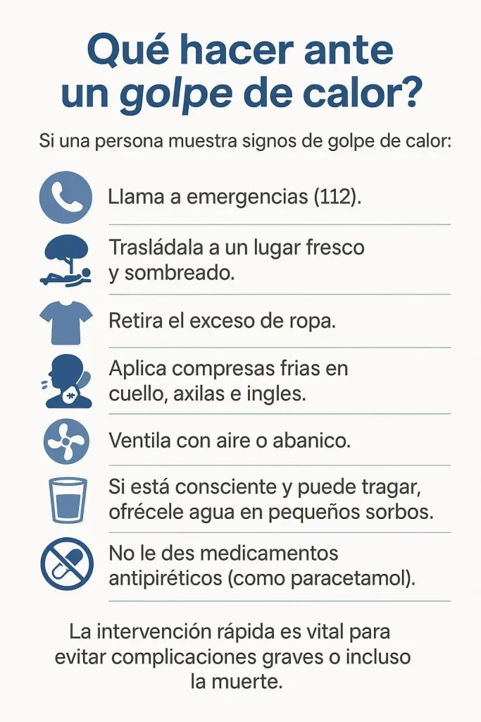 Infografía en español titulada “¿Qué hacer ante un golpe de calor?”, con diseño vertical en tonos azules y grises. Muestra siete pasos con iconos a la izquierda y texto a la derecha: llamar al 112, trasladar a un lugar fresco, retirar ropa, aplicar compresas frías, ventilar, ofrecer agua si está consciente y no administrar antipiréticos. Finaliza con un mensaje de alerta sobre la importancia de actuar con rapidez para evitar complicaciones graves.