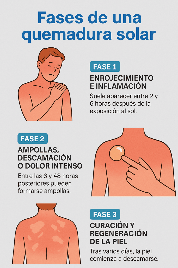 Infografía en español sobre las fases de una quemadura solar, con ilustraciones y explicaciones de los síntomas enrojecimiento, ampollas y descamación, y curación de la piel. Consejos para identificar y tratar quemaduras solares